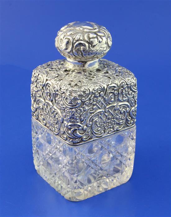 A late Victorian silver mounted hobnail cut glass scent bottle, 6.5in.